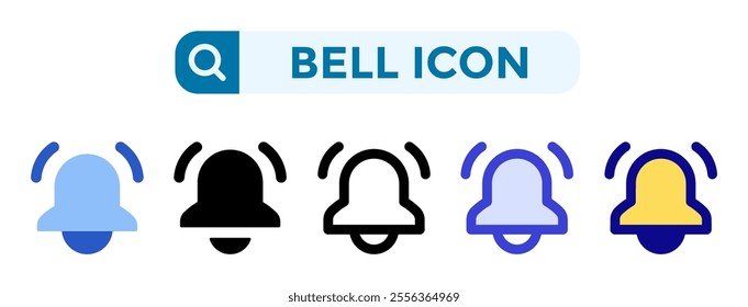 Bell icons in 5 different vector illustration styles. Settings icons in flat, solid, line, blue and color styles. Vector illustrations can be used for web, mobile, ui