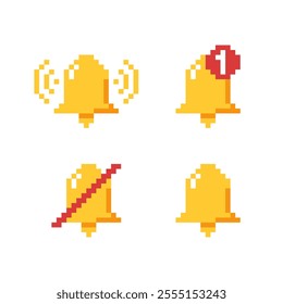 Bell icons in pixel art style. Notification icons for mobile interface, 8 bit bell for UI.