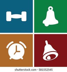 bell icons set. Set of 4 bell filled icons such as bell, barbell