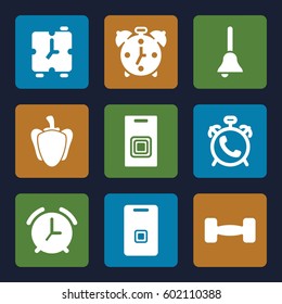 bell icons set. Set of 9 bell filled icons such as alarm, pepper, door ringer