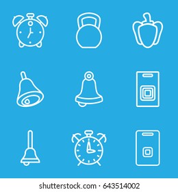 Bell icons set. set of 9 bell outline icons such as pepper, door ringer
