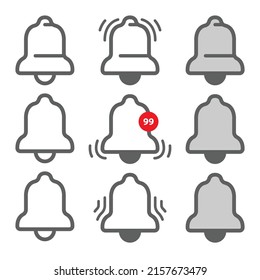 Conjunto de iconos de la campana. Nuevo mensaje, mensaje, alerta, notificación, llamada, alarma del suscriptor, recordatorio de mensajería de canal. Parte del conjunto de iconos de redes sociales. 
