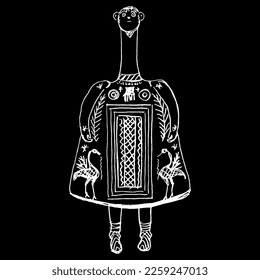 Bell idol from Thebes, Boeotia. Ancient Greek figurine of a goddess from Louvre. Hand drawn linear doodle rough sketch. White silhouette on black background.