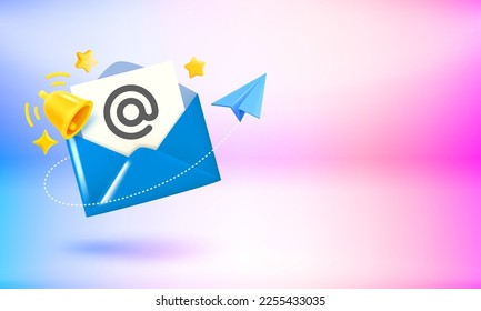 The bell, letter and blue plane. Breaking news concept. 3d vector banner with copy space