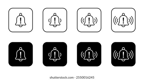 Bell line with exclamation mark icon on black square. Warning notification outline sign symbol