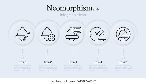 Conjunto de iconos de línea de campana. Lápiz, notificación, mensaje, reloj, velocidad, modo silencioso. Estilo neomorfista. Icono de línea vectorial para negocios