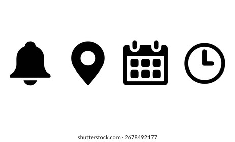 Bell, location, time, calendar and notification icons set. Flat simple illustrations of bell, pin, date and clock. Modern and versatile icon set for digital and print applications