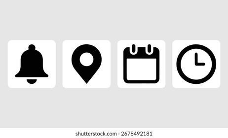 Conjunto de iconos de campana, ubicación, hora, calendario y notificación. Ilustraciones simples planas de campana, pin, fecha y reloj. Conjunto de iconos moderno y versátil para aplicaciones digitales e impresas