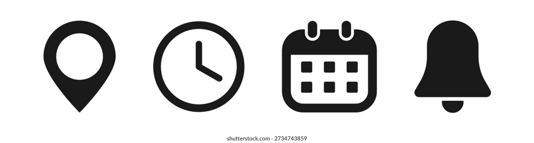 Conjunto de iconos de campana, ubicación, hora, calendario y notificación. Ilustraciones simples planas de campana, pin, fecha y reloj.