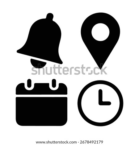 Bell, location, time, calendar and notification icons set. Flat simple illustrations of bell, pin, date and clock. Modern and versatile icon set for digital and print applications