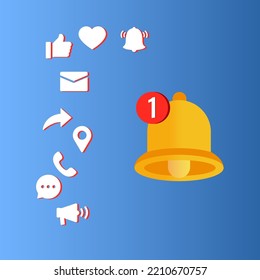 Bell notification alert. Social media notification concept. Reminder in phone app. Vector illustration in 3D style.