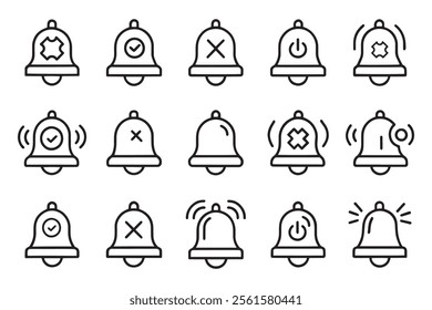 Bell notification concept various style editable stroke outline icon set isolated flat vector illustration white background