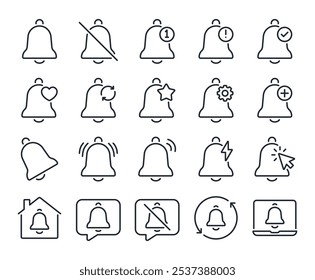 Bell notification editable stroke outline icons set isolated on white background flat vector illustration. Pixel perfect. 64 x 64