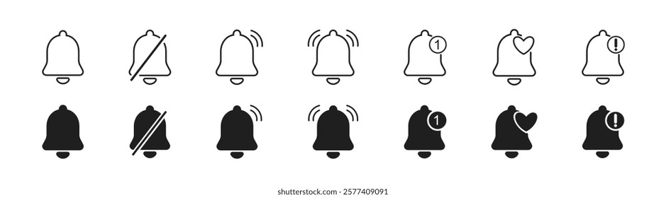 Bell notification editable stroke outline icons set , bell icon alert symbols, sound alert icons, notification badges