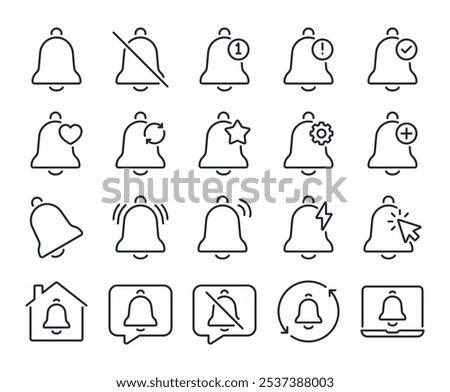 Bell notification editable stroke outline icons set isolated on white background flat vector illustration. Pixel perfect. 64 x 64