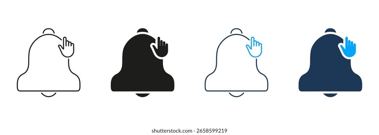 Bell Notification With Hand Click Line And Solid Icon Set. Alert Activation, Reminder, And Notification Management Outline And Silhouette Symbol Collection. Isolated Vector Illustration.