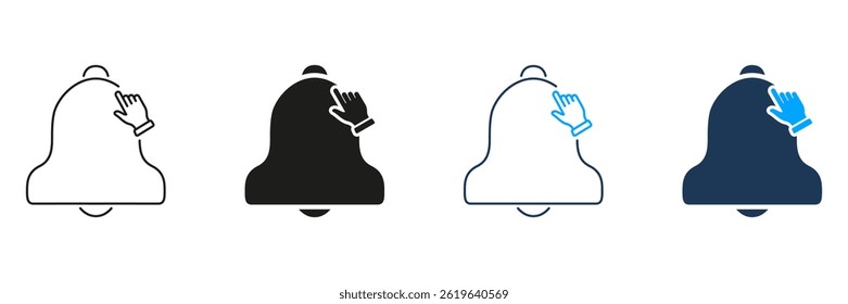 Bell Notification With Hand Gesture Line And Solid Icon Set. Alert Activation, Reminder, And Interaction Symbol Collection. User Engagement And Interface Design. Isolated Vector Illustration.