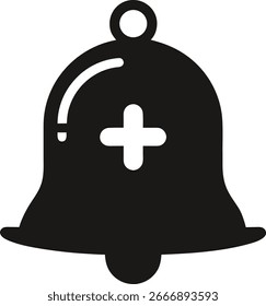 Icono de notificación de campana con un signo más, aislado en fondo blanco