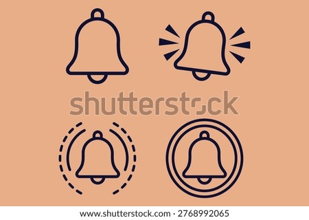 Bell Notification Icon Set - 4 Ringing Alert and Pulse States - Flat Outline Vector