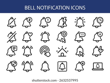 Conjunto de iconos de notificación de campana: símbolos de alerta y recordatorio.