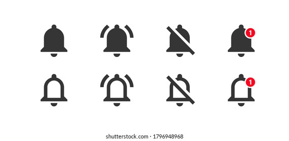 Bell notification icon set in flat style. Social media user interface. Mobile app UI web button. Subscribe vector symbol, isolated illustration