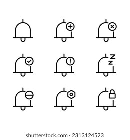 Bell notification icon set isolated on white background. Contains such as  add, X cross, check mark, exclamation, zzz, do not enter, settings, lock sign. Perfect for website or design graphic.
