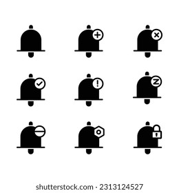 Glockenbenachrichtigungssymbol einzeln auf schwarzem Hintergrund. Enthält z. B. Add, X cross, check mark, exclamation, zzz, nicht eingeben, Einstellungen, Sperrzeichen. Perfekt für Website- oder Design-Grafik.