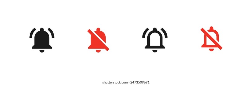 Bell notification icon set. On and off alarm and message. Vector illustration
