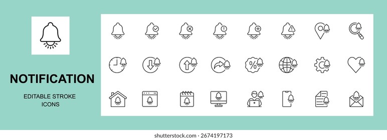 Bell notification icon set. outline icons related to bell, notification, alarm, message, alert, reminder, message notification and others. Editable stroke.	