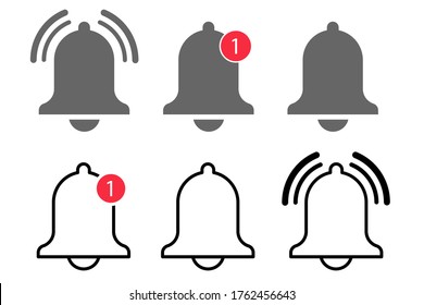 Bell notification icon vector. message alert notice. subscribe reminder attention app. web alarm inbox. mobile phone red button. smartphone social media template. stock illustration set