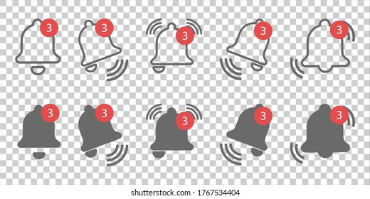 Bell notification icons. Button with bells of notification symbols. Social Media element, User Interface sign, New message. Vector