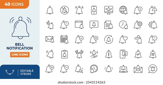 bell Notification line editable icon set. Symbol of alarm. Notification message. Call and notification for smartphone.