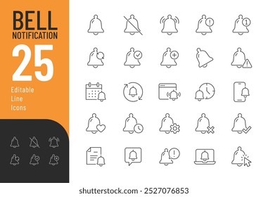 Conjunto de ícones editáveis da linha de notificação Bell. Ilustração vetorial em estilo de linha fina moderna de ícones relacionados com anel: alerta, toque, mensagem e muito mais. Pictogramas e infográficos para aplicativos móveis