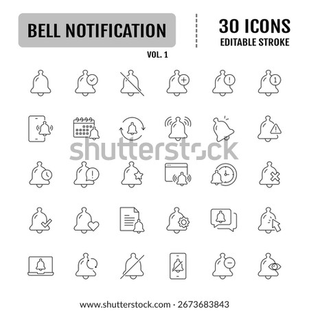 Bell Notification Line Editable Icons set. Containing alert, ringing, message, and more. Vector illustration