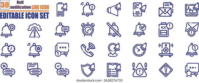 Bell notification line icon set. related to bell, notification, alarm, message, alert, reminder, message notification and others. Editable stroke. 