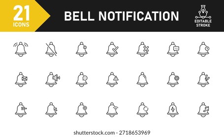 Symbol für Signaltonbenachrichtigungszeile. Set von 21 Gliederungssymbolen, die sich auf Signalton, Benachrichtigung, Alarm, Warnung, Nachricht, Erinnerung, Benachrichtigung und andere beziehen. Bearbeitbarer Strich. Vektorgrafik.
