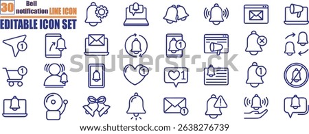 Bell notification line icon set. related to bell, notification, alarm, message, alert, reminder, message notification and others. Editable stroke. 