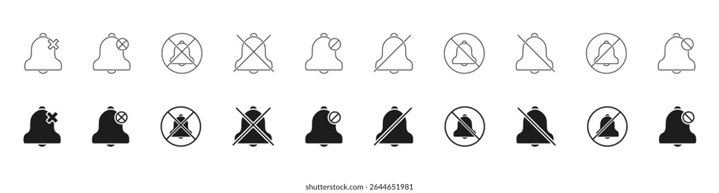 Conjunto de ícones de notificação Bell desligado. Modo Silencioso, Ativar Mudo De Alertas E Não Incomodar O Contorno E A Coleção De Símbolos Sólidos. Gerenciamento De Notificações E Controle De Som. Ilustração de vetor isolada.