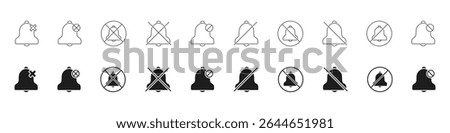 Bell Notification Off Icon Set. Silent Mode, Mute Alerts, And Do Not Disturb Outline And Solid Symbol Collection. Notification Management And Sound Control. Isolated Vector Illustration.