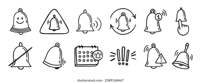 bell notification related doodle hand drawn icon set. Outline drawing bell line clipart symbol collection. Vector illustration