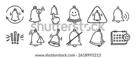 bell notification related doodle hand drawn icon set. Outline drawing bell line clipart symbol collection. Vector illustration
