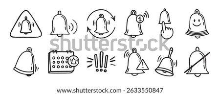 bell notification related doodle hand drawn icon set. Outline drawing bell line clipart symbol collection. Vector illustration