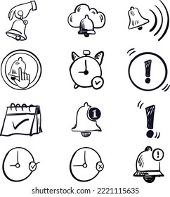 Bell Notification Related Vector Line Icons set. with hand drawn doodle hand drawing style vector isolated