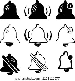 Juego de iconos de línea de vectores relacionados con notificación de campana. con el estilo de dibujo manual de garabato dibujado a mano vector aislado