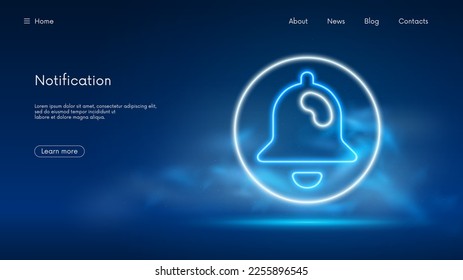 Bell notification social media element concept blogging, web button subscribe layout user Interface sign, futuristic technology with blue neon glow in the smoke, vector business background