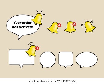 Bell notification with speech bubble. Social media message. Subscribe to the channel. Reminder in phone app. Notice concept. Cartoon creative design icon isolated with hand drawn style.