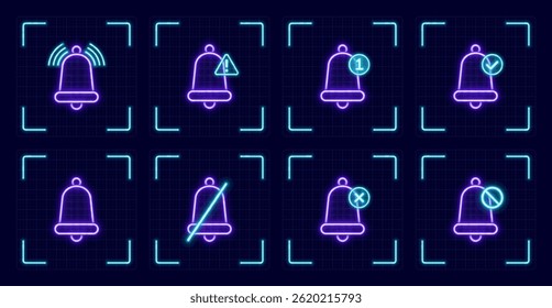Bell notification symbol set, cyber neon visual, glowing border grid vector.