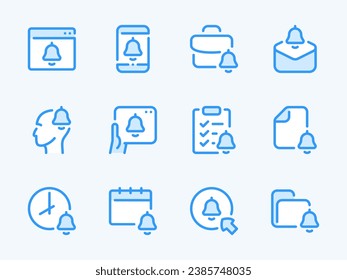 Bell and Notification vector line icons. Reminder and Momentooutline icon set. Announcement on the Website, Smartphone, Thoughts, Time, Document, Alarm and more.