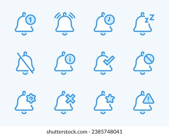 Bell and Notification vector line icons. Reminder and Announcement outline icon set. Mute, Night Mode, Settings and Configurations, Favorite, Information and more.