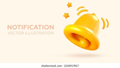 Bell notifications. Message, notification, alert, call. Yellow bell in realistic 3d style. Vector illustration.